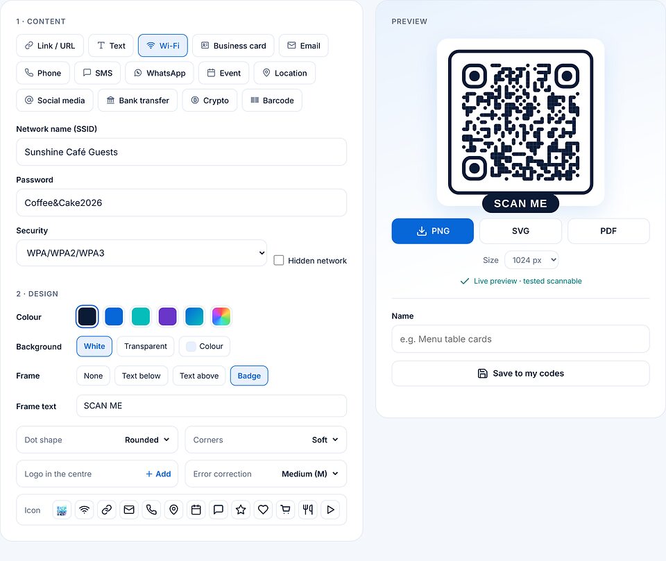 کد وای‌فای: نام شبکه Sunshine Café Guests، گذرواژه و رمزگذاری WPA/WPA2/WPA3، قاب Badge با SCAN ME.